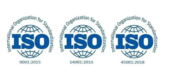 ISO 9001:2015, ISO 14001:2015 and ISO 45001:2018 certification badges
